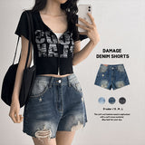 [Slit Shorts] ディストレストデニムショーツ (3 colors)