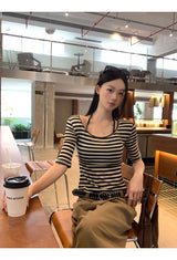 デザインワイドUネックストライプTシャツ