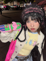  Handmade Crochet Cozy Puppy Ear Hat & Star Ear Warmers（green/pink
