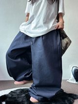 LETTERING INDIGO RAW STITCH WIDE BALLOON TATTOO PRINT DENIM LONG PANTS 🩵🖤 - 2 COLORS