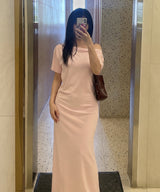 Off-Shoulder Slit Long Onepiece Pink