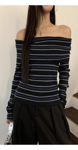 Stripe Slim Off-Shoulder Long-Sleeved Knit T-Shirt