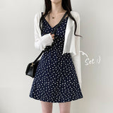 Tirin flower printing tank top mini dress + punching frill cardigan set