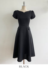 Sebit Heart-Neck Tulip Tweed Flared Long One Piece