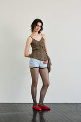 LEOPARD FRILL SLEEVELESS TOP / BROWN