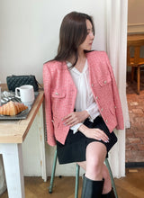 Bowl Check V-Neck Pearl Tweed Jacket