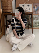 Multi Border Short Sleeve Knit Cardigan (3color)