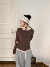 Border Layered High Neck Warm Hood T-shirt (3color)