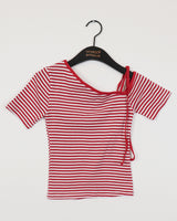 Sor アンバランスドストライプリボンワンショルダー半袖Tシャツ