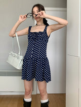 Navy Dotted Square Neck Flared Dress