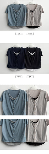スパンデックスVネックカラーレイヤードボタンカーディガンTシャツ