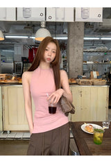 インディーピンクバックビーズスリーブレスTシャツ