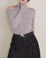 (Napping T-shirt) Euren One Shoulder Ribbon Tie Long-Sleeved Warmer T-Shirt