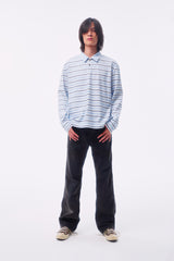 SIGNATURE LOGO SILHOUETTE TOTEM LIGHT BLUE STRIPE CROSS BUTTON POLO LONG SLEEVE