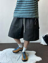 Deep Double Knee Non-Faded Raw Denim Rivet Mini Bermuda  2 Colors 