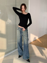 Double Layered Color V-Neck Long Sleeve T-Shirt