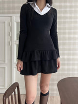  V-neck shirt cancan ribbed long sleeve dress (2 colors)