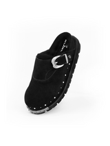 RELABEL Suede Cowhide Ring-Studded Pearl-Trimmed Toe-Cap Mule: Custom Metal Buckle, Relaxed Commuter Birkenstock-Style Sandals