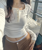 (QUALITY👍🏻) BASIC INNER SIDE SHIRRED SEMI-CROPPED LONG-SLEEVE BUTTONED TEE - 4 COLOR