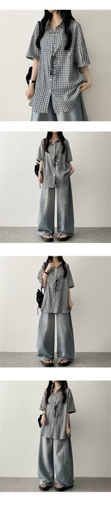 Rize waistbanding side pin tuck incision denim washed wide pants
