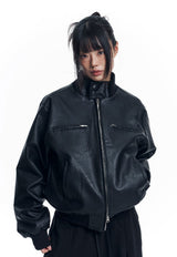 High Neck Leather Crop Jacket - Black