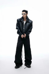 Embroidered Deconstructed Cropped Leather Jacket