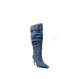 Colorful Bridge | Water Washed Denim Long Pile Boots, Fashion High Heeled Women's Denim Boots