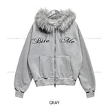Bite lettering raccoon fur hood zip-up