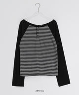 シャバニンストライプヘンリーネック長袖Tシャツ