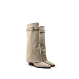 Colorful Bridge | Designer Belt Buckle Long Boots with Pants Tube Design, Women's High Boots with Small Square Toe and Chunky Heels