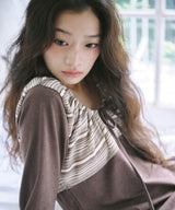 STRING STRIPE SHIRRING LONG SLEEVE - BROWN