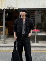 Slub strip denim pants