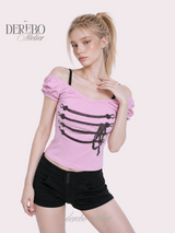Rope Mint Shirring Off-Shoulder Short Sleeve T-Shirt