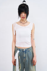 Unbalanced shoulder linen sleeveless top