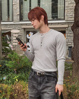 Kanden Ribbed Henley Neck Slim Long Sleeve T-shirt