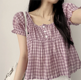 Checkered Ruffle Square Button Short Sleeve Blouse