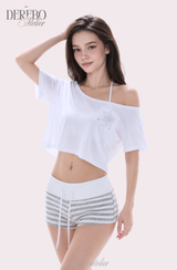 クラッシュワイドビーズネックショートスリーブTシャツ