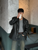 イコール2つボタンレザーブレザー