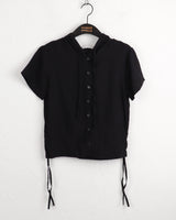 Weving see-through side shirring pleated hooded short-sleeved cardigan