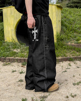 Bone Cross Stud Wide Denim Pants