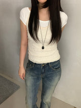 [set] Vaila Lace Halter-Neck Short-Sleeve Tee Set