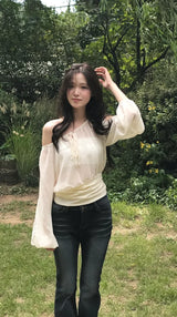 [ slit point ] forget-me-not long chiffon drape lose blouse