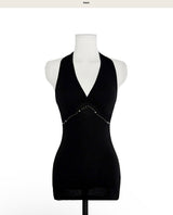 bata silver stud deep halter sleeveless top
