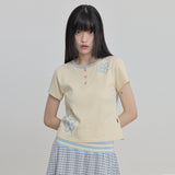 フラワーヘンリーネックハーフスリーブTシャツ