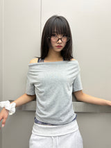 チェック ホルター オフショルダー セミクロップドTシャツ - 3カラー