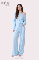 Waffle Asymmetrical Off-Shoulder Sweat Pants Set (TOP+PANTS SET)