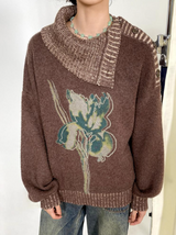 Relaxed fit crewneck knitted sweater with lapel print