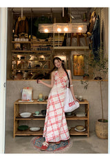 Red checkered V-neck sleeveless long dress
