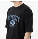 オーバーフィットクルーネックユニバーシティカーモ半袖Tシャツ ブラックブルー