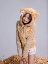 Rose Island warm orange tabby fur patchwork knitted slim-fit hooded jacket, cute and unique original design
